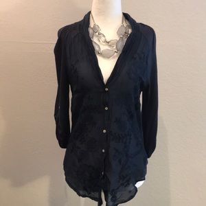 Anthropologie Navy Embroidered Blouse Size Small